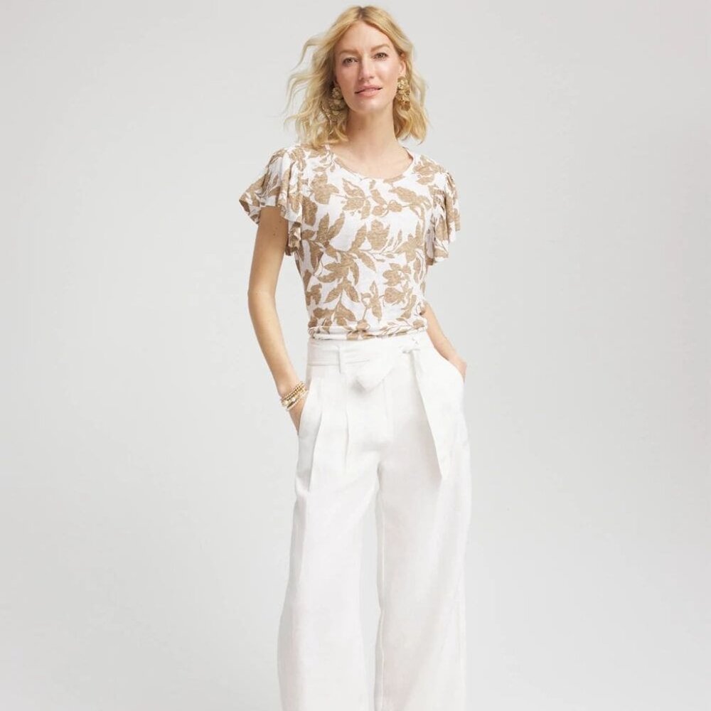 Linen Leaf Print Flutter Sleeve Tee